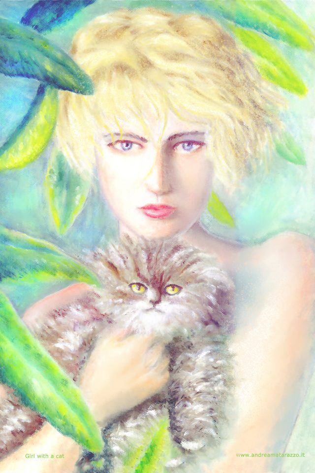 Ragazza con gatto — pastello, opera di Andrea Matarazzo